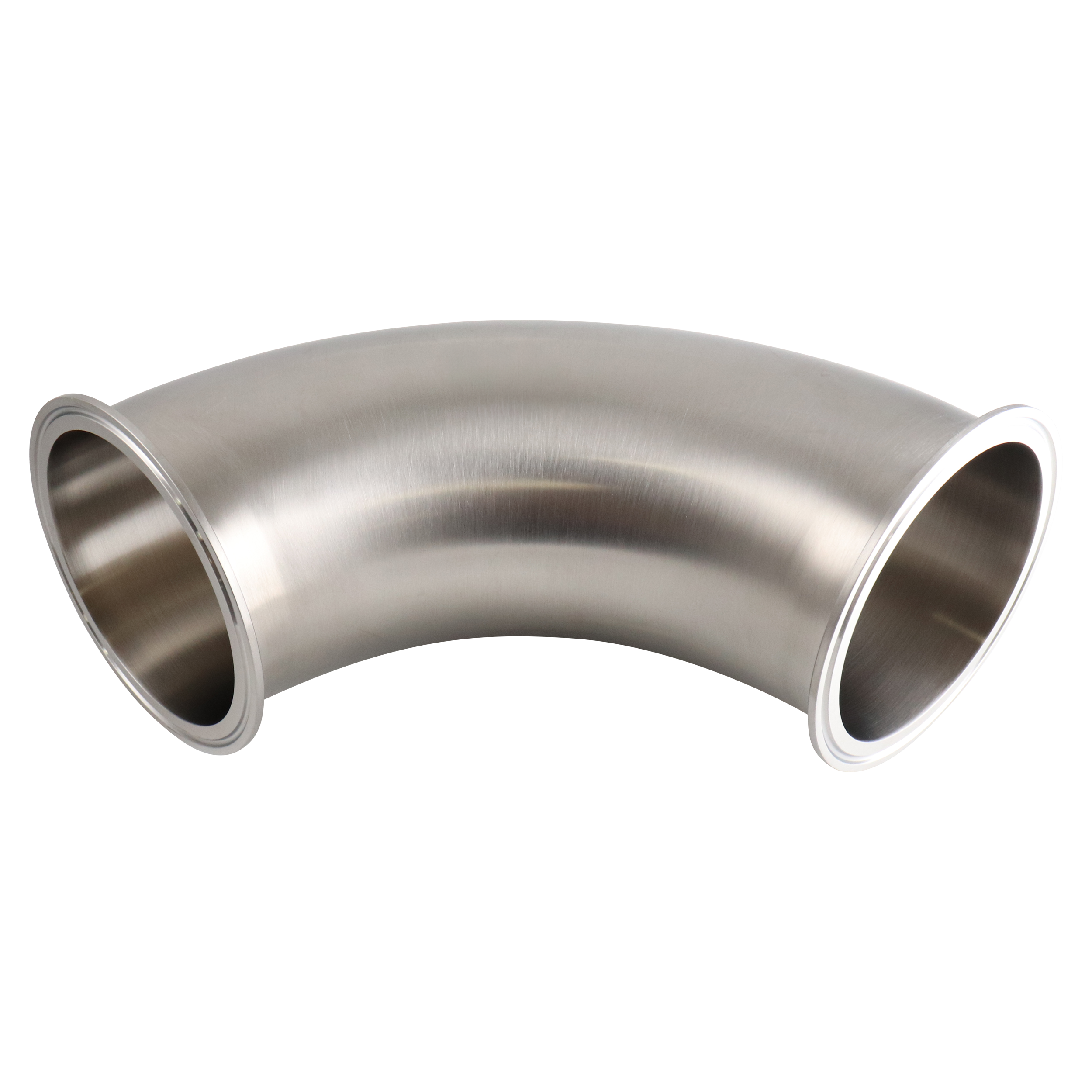 90-degree elbow for 4-inch tri-clamp connections, constructed from 316L stainless steel, 20RA internal finish, and 32RA outer finish, SF1 BPE compliant.
