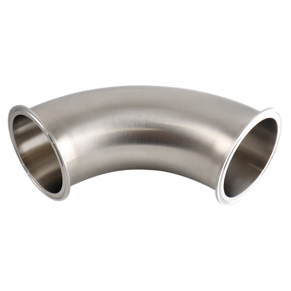 90-degree elbow for 4-inch tri-clamp connections, constructed from 316L stainless steel, 20RA internal finish, and 32RA outer finish, SF1 BPE compliant.
