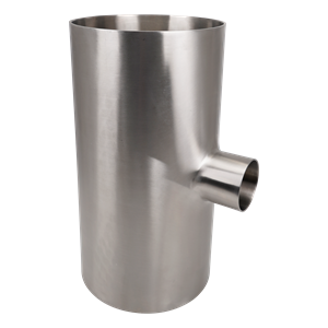 Reducing tee with a 6-inch run and a 2-inch butt weld branch, made from 304 stainless steel, featuring a 32RA internal and outer surface finish.