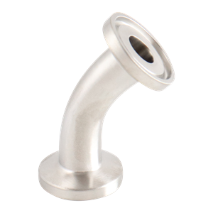 45-degree elbow, 0.5-inch Tri-Clamp, made from 316L stainless steel, with 20RA interior and 32RA exterior surface finish, SF1 BPE compliant
