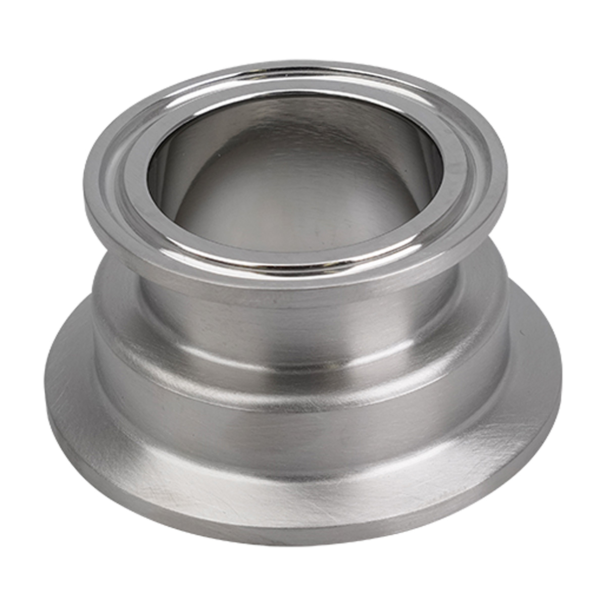 Conical instrument gauge reducer: 2-inch to 1.5-inch tri-clamp, 316L stainless steel, 1.25-inch overall length, with a 20RA internal finish and 32RA outer finish.