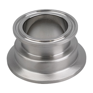 Conical instrument gauge reducer: 2-inch to 1.5-inch tri-clamp, 316L stainless steel, 1.25-inch overall length, with a 20RA internal finish and 32RA outer finish.
