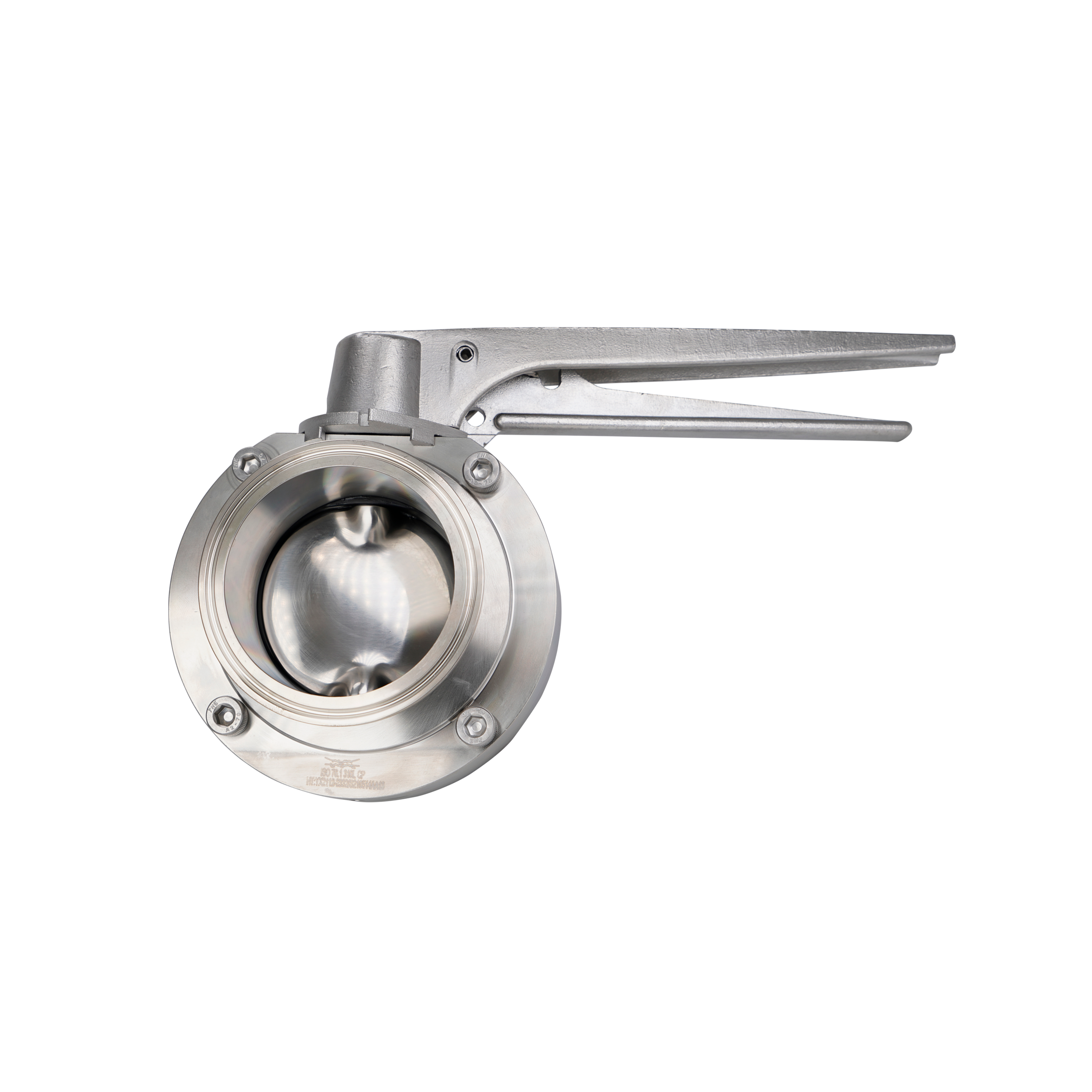 Butterfly valve, 2.5-inch tri-clamp connection, made of 316 stainless steel with an EPDM seat and a multi-position handle.
