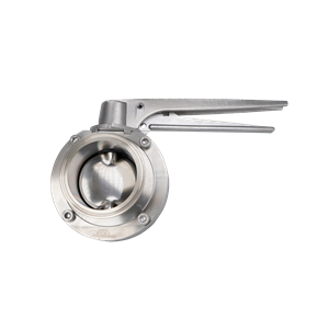 Butterfly valve, 2.5-inch tri-clamp connection, made of 316 stainless steel with an EPDM seat and a multi-position handle.
