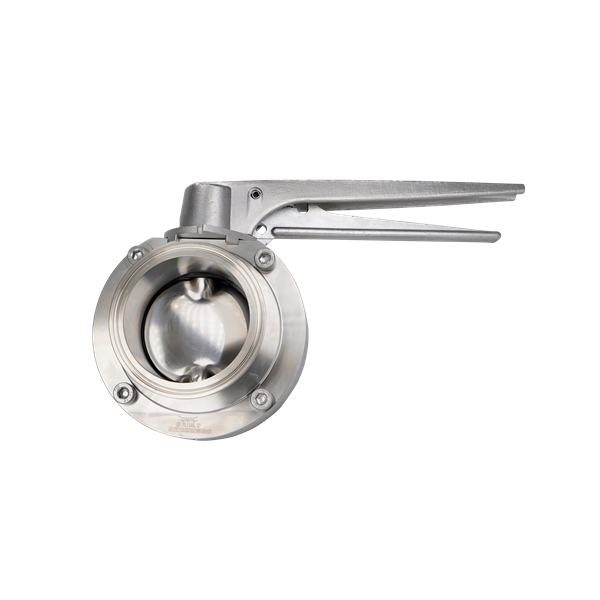 Butterfly valve, 2.5-inch tri-clamp connection, made of 316 stainless steel with an EPDM seat and a multi-position handle.