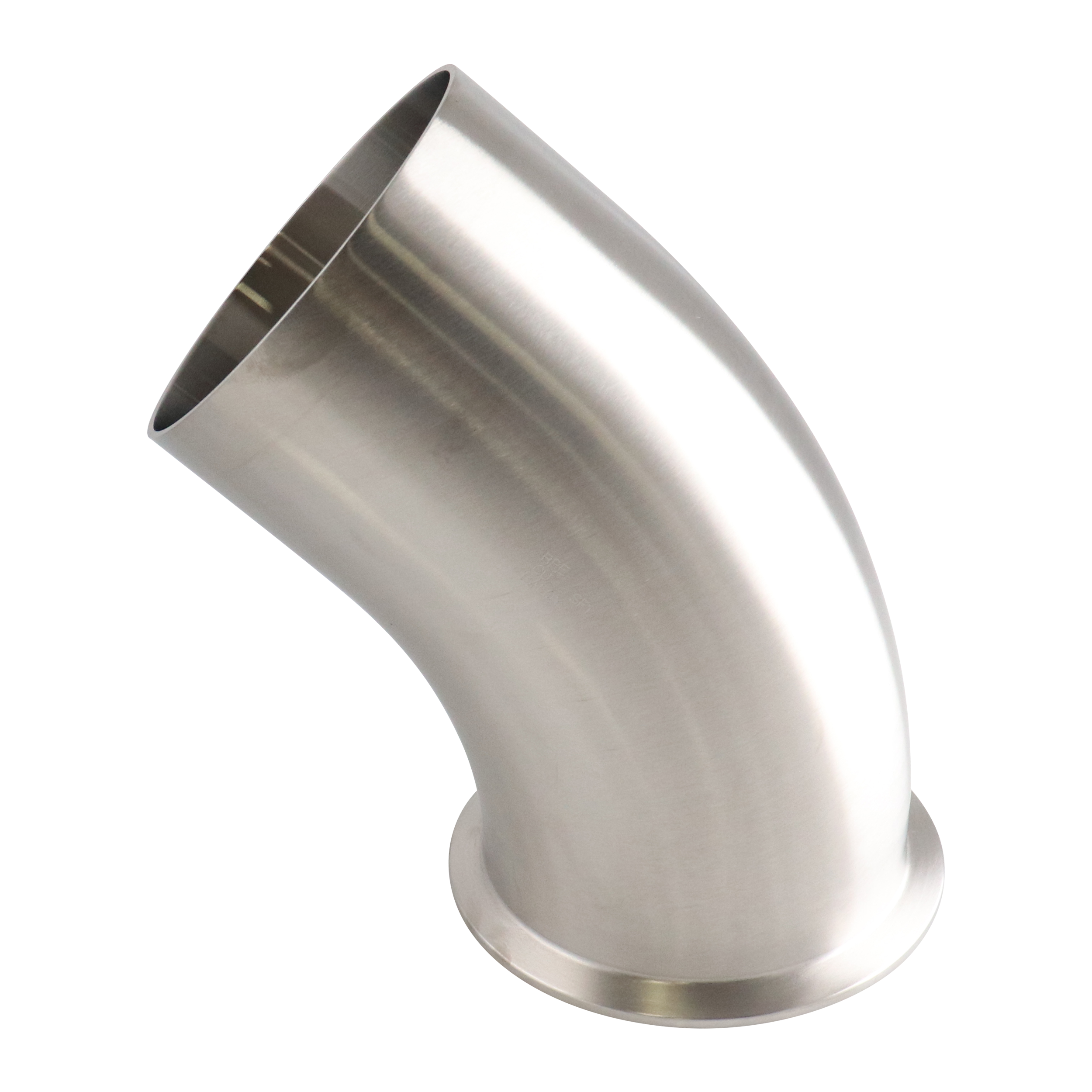 45-degree elbow with 4-inch tri-clamp to butt-weld connection, made from 316L stainless steel, featuring a 20RA internal and 32RA outer finish, SF1 BPE compliant.