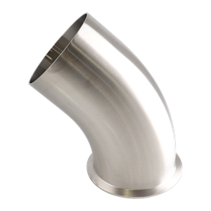 45-degree elbow with 4-inch tri-clamp to butt-weld connection, made from 316L stainless steel, featuring a 20RA internal and 32RA outer finish, SF1 BPE compliant.