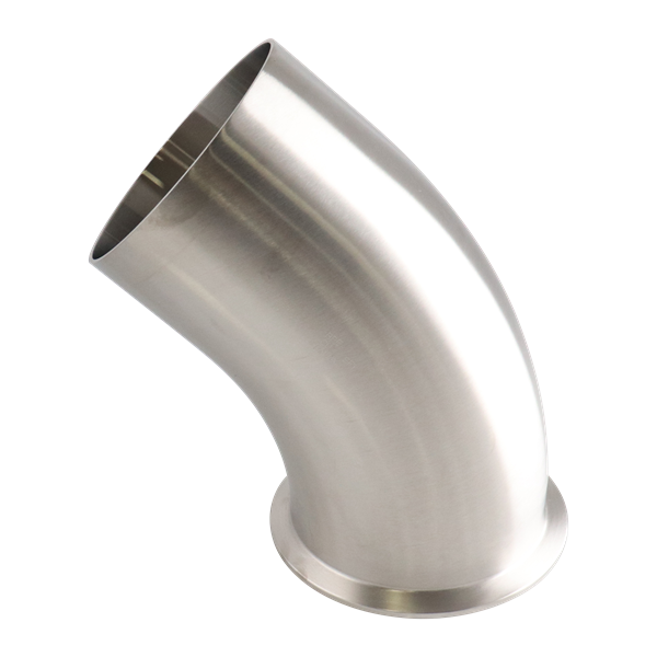 45-degree elbow with 4-inch tri-clamp to butt-weld connection, made from 316L stainless steel, featuring a 20RA internal and 32RA outer finish, SF1 BPE compliant.
