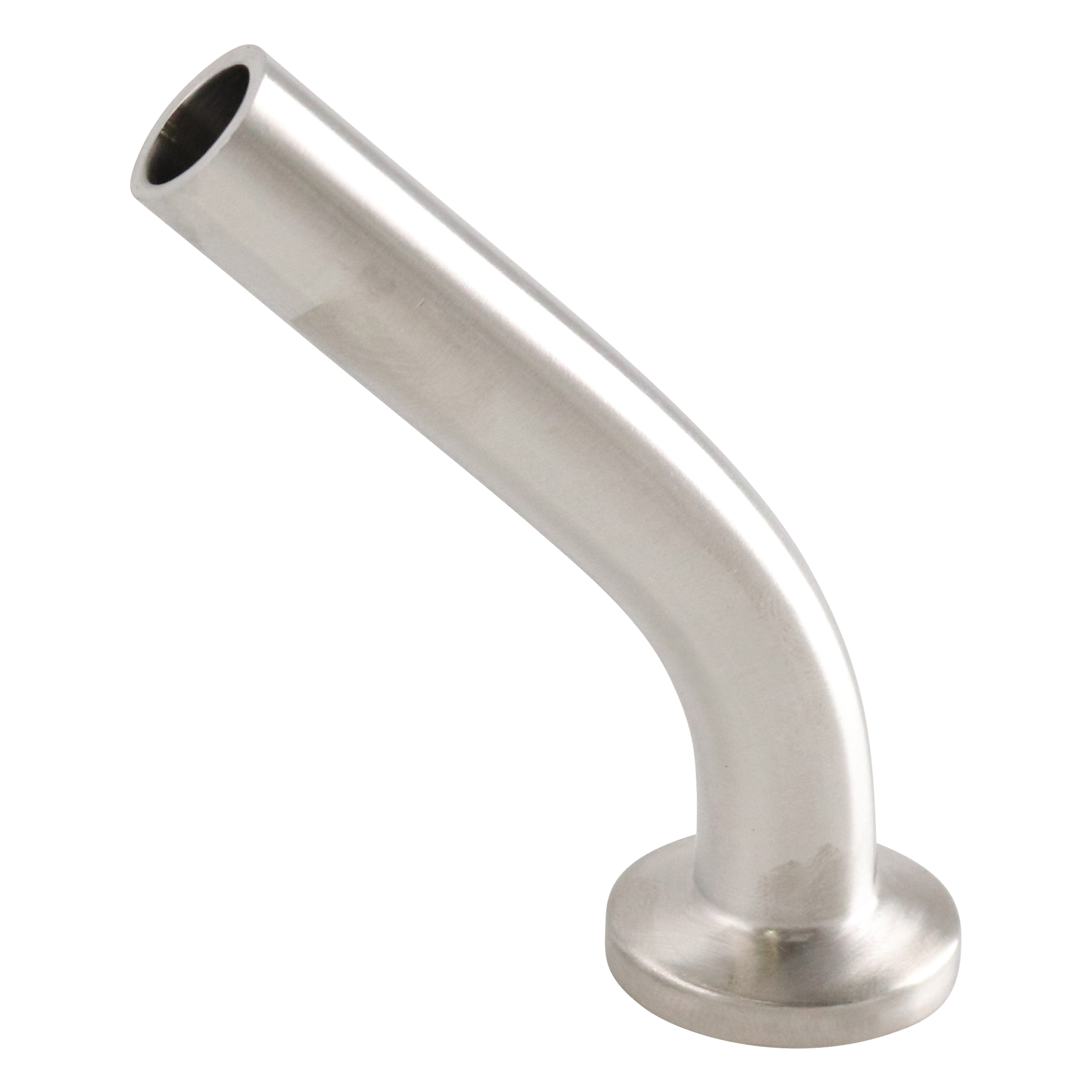 45-Degree Elbow, 0.5-inch tri-clamp to butt weld connection, made of 316L stainless steel, with a 20RA inner diameter and 32RA outer diameter, compliant with SF1 BPE standards.