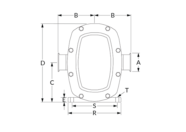 DuraCirc Dimensional Diagram (Dimensions A, B, C, D, E, R, S, and T)