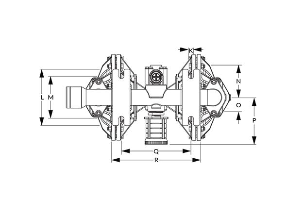 A150 Dimensional Diagram (Bolted, Dimensions K, L, M, N, O, P, Q, and R)