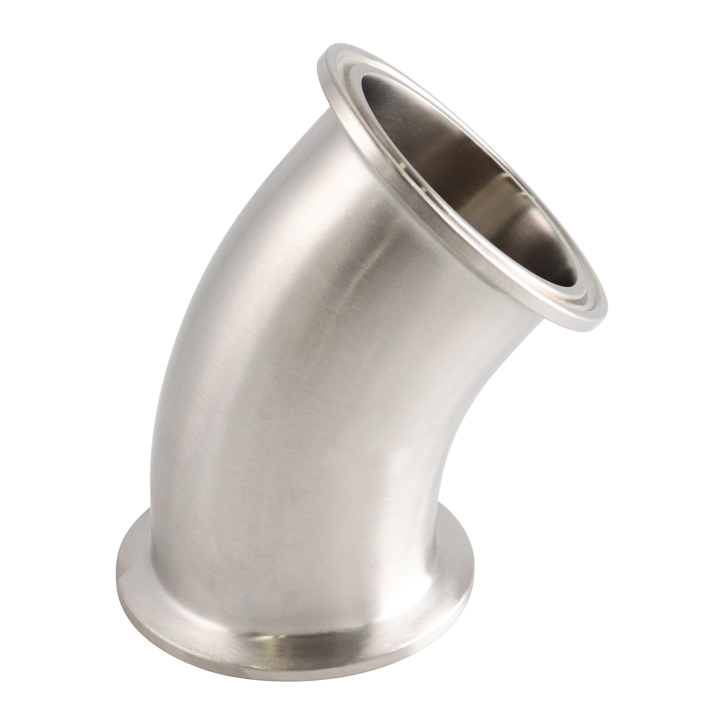 45-degree elbow, 1.5-inch tri-clamp connection, made of 316L stainless steel, with a 20RA inner diameter finish and 32RA outer diameter finish, SF1 BPE compliant.