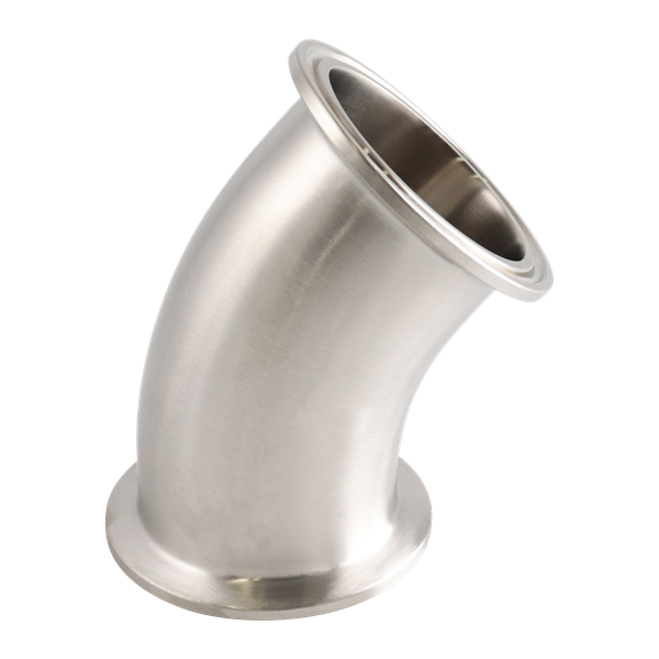 45-degree elbow, 1.5-inch tri-clamp connection, made of 316L stainless steel, with a 20RA inner diameter finish and 32RA outer diameter finish, SF1 BPE compliant.