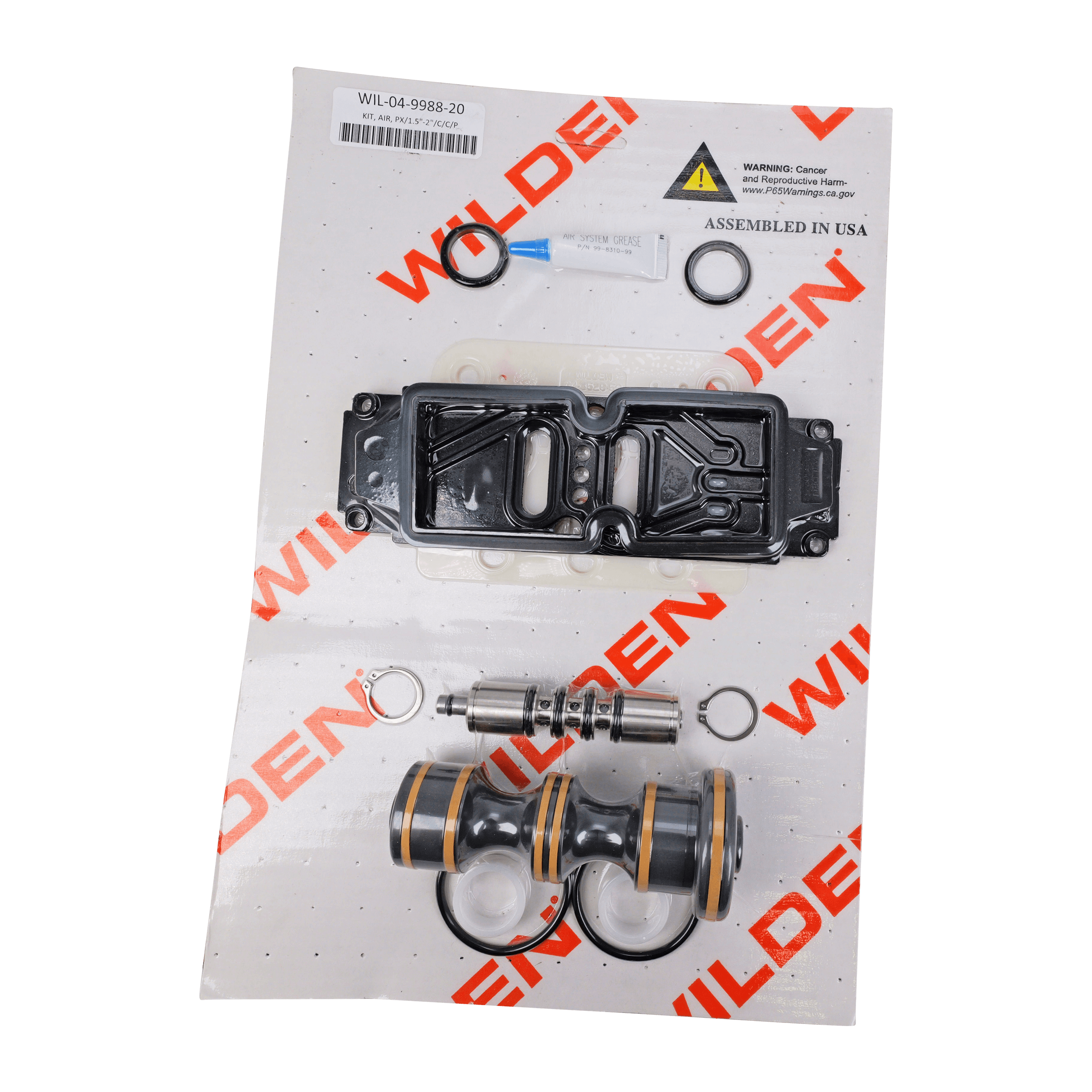 Air repair kit compatible with 1.5-inch and 2-inch pumps, constructed with a combination of metal and plastic, by Wilden.
