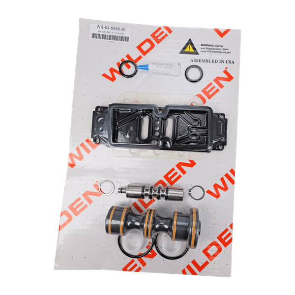 Air repair kit compatible with 1.5-inch and 2-inch pumps, constructed with a combination of metal and plastic, by Wilden.
