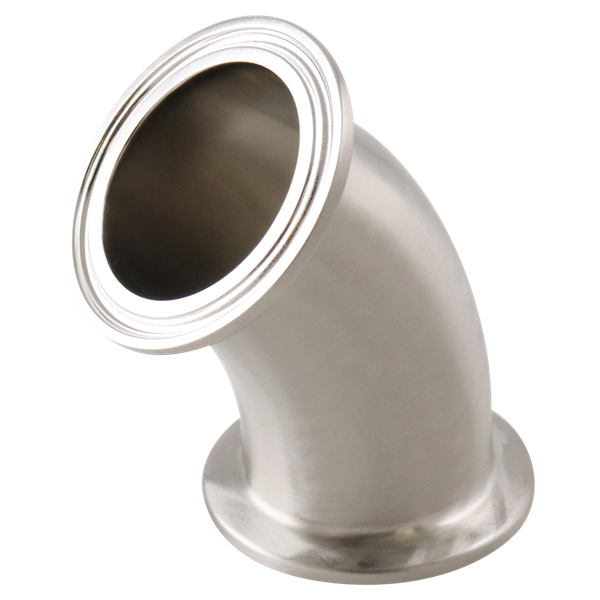 45-degree elbow, 1.5-inch Tri-Clamp, made from 316L stainless steel, with 15RA EP interior and 32RA exterior surface finish, SF4 BPE compliant
