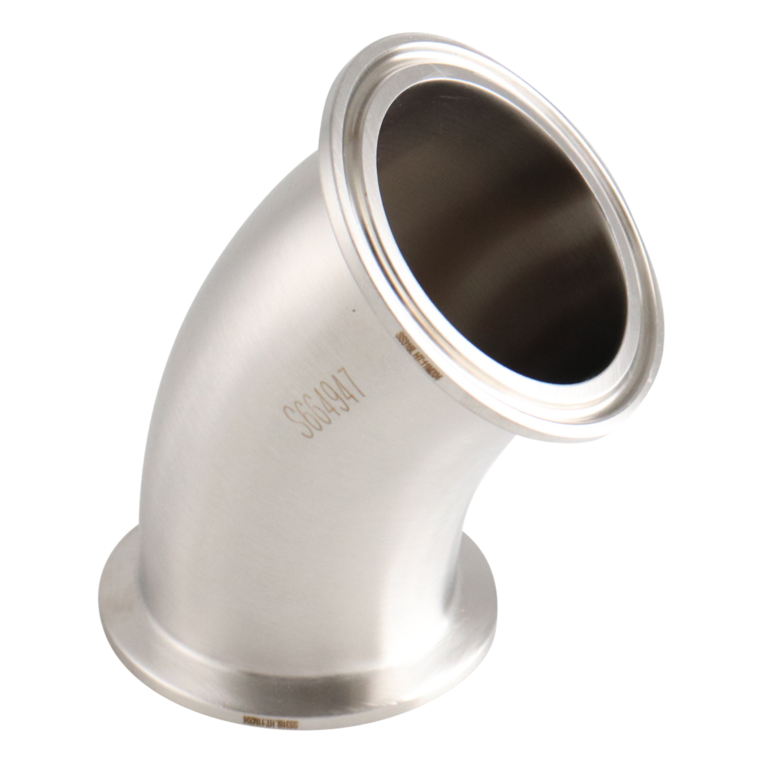 45-degree elbow, 1.5-inch Tri-Clamp, made from 304 stainless steel, with 32RA interior and exterior surface finish
