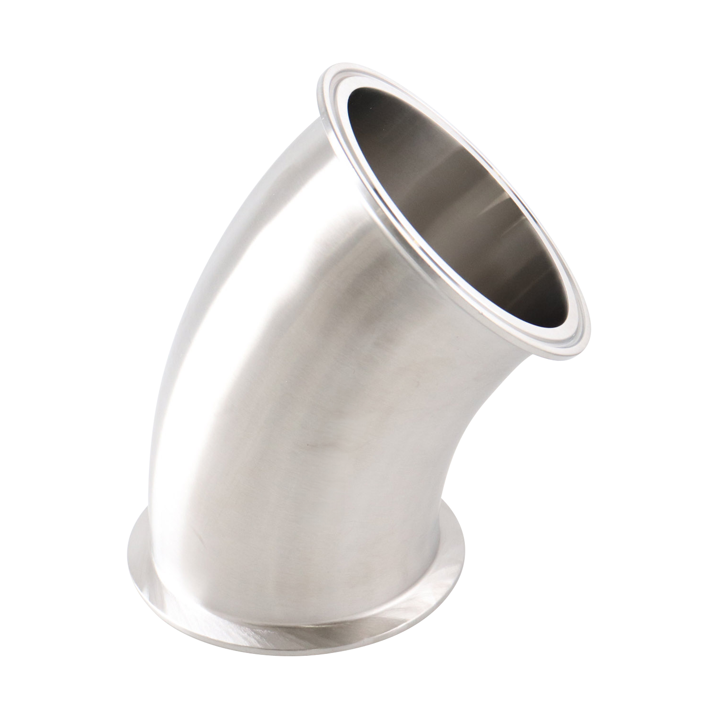 45-degree elbow with a 4-inch tri-clamp connection, made from 304 stainless steel, with 32RA ID and 32RA OD.
