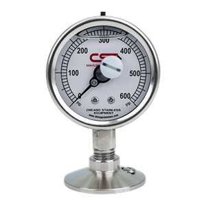 Pressure gauge 1.5" tri-clamp bottom mount 0-600 PSI 2.5" dial glycerin filled cased polycarbonate lens sani-flow brewery Chicago