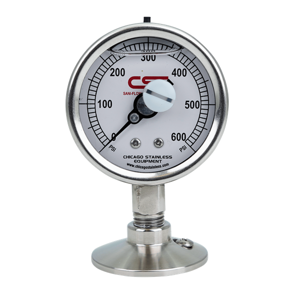 Pressure gauge 1.5" tri-clamp bottom mount 0-600 PSI 2.5" dial glycerin filled cased polycarbonate lens sani-flow brewery Chicago