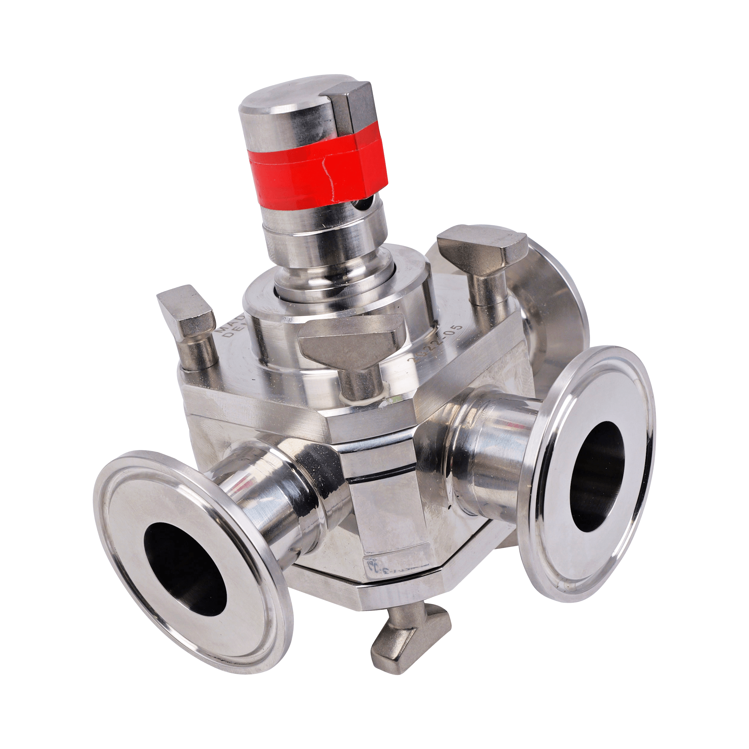 Koltek three-way valve with a 1-inch tri-clamp connection, EPDM seals, and a handle-less design, made from 316L stainless steel.