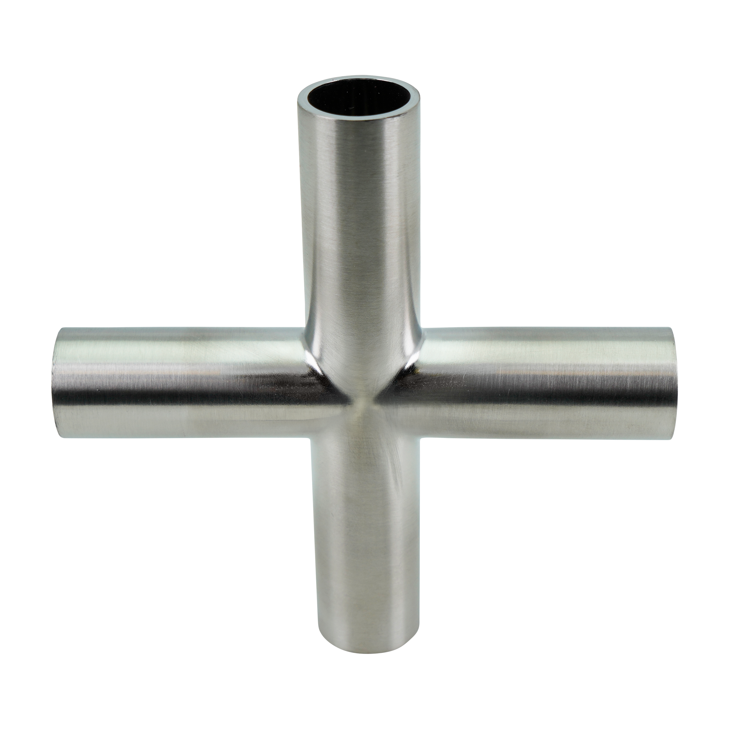Cross fitting with 0.5-inch butt-weld connection, made of 316L stainless steel, featuring a 20RA internal finish and 32RA external finish, SF1 BPE compliant.
