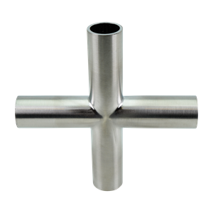 Cross fitting with 0.5-inch butt-weld connection, made of 316L stainless steel, featuring a 20RA internal finish and 32RA external finish, SF1 BPE compliant.
