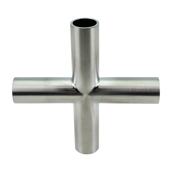 Cross fitting with 0.5-inch butt-weld connection, made of 316L stainless steel, featuring a 20RA internal finish and 32RA external finish, SF1 BPE compliant.
