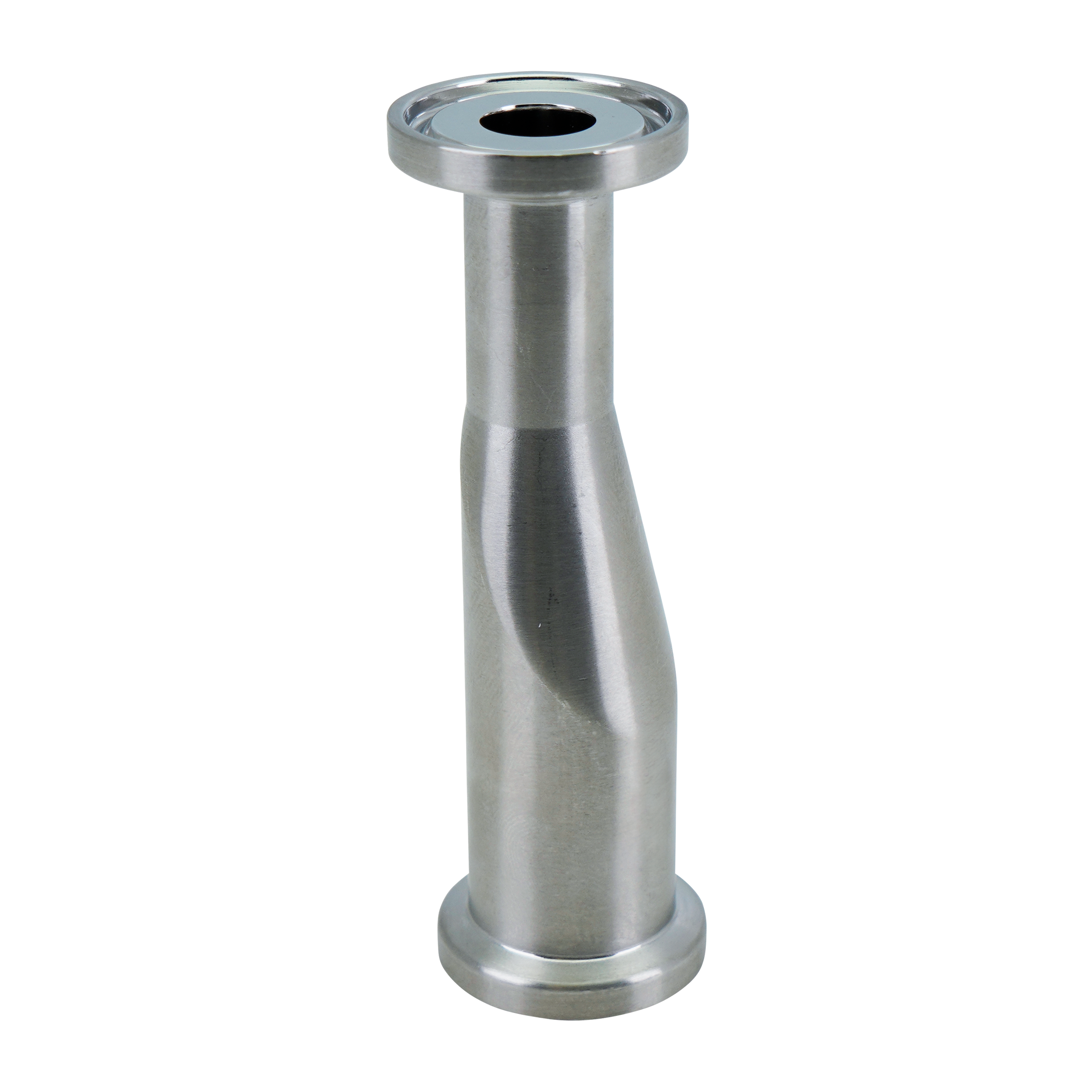 Eccentric reducer, 0.75-inch by 0.5-inch tri-clamp connection, made of 316L stainless steel, with a 3.125-inch overall length, 20RA internal finish, and 32RA external finish, SF1 BPE compliant.
