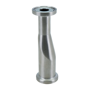 Eccentric reducer, 0.75-inch by 0.5-inch tri-clamp connection, made of 316L stainless steel, with a 3.125-inch overall length, 20RA internal finish, and 32RA external finish, SF1 BPE compliant.
