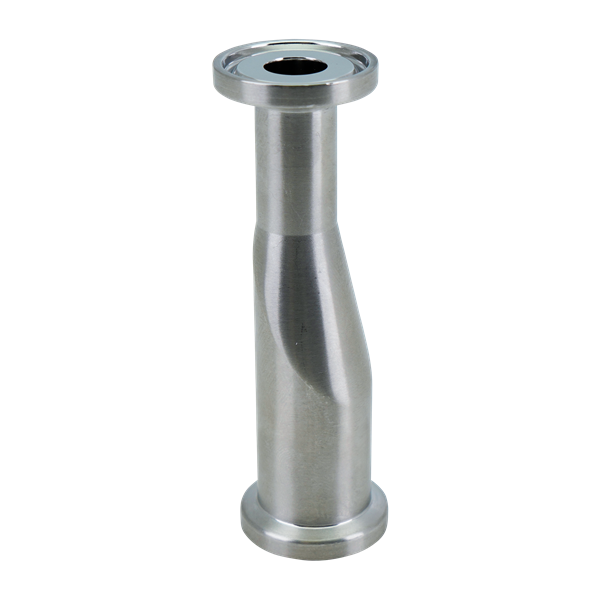 Eccentric reducer, 0.75-inch by 0.5-inch tri-clamp connection, made of 316L stainless steel, with a 3.125-inch overall length, 20RA internal finish, and 32RA external finish, SF1 BPE compliant.
