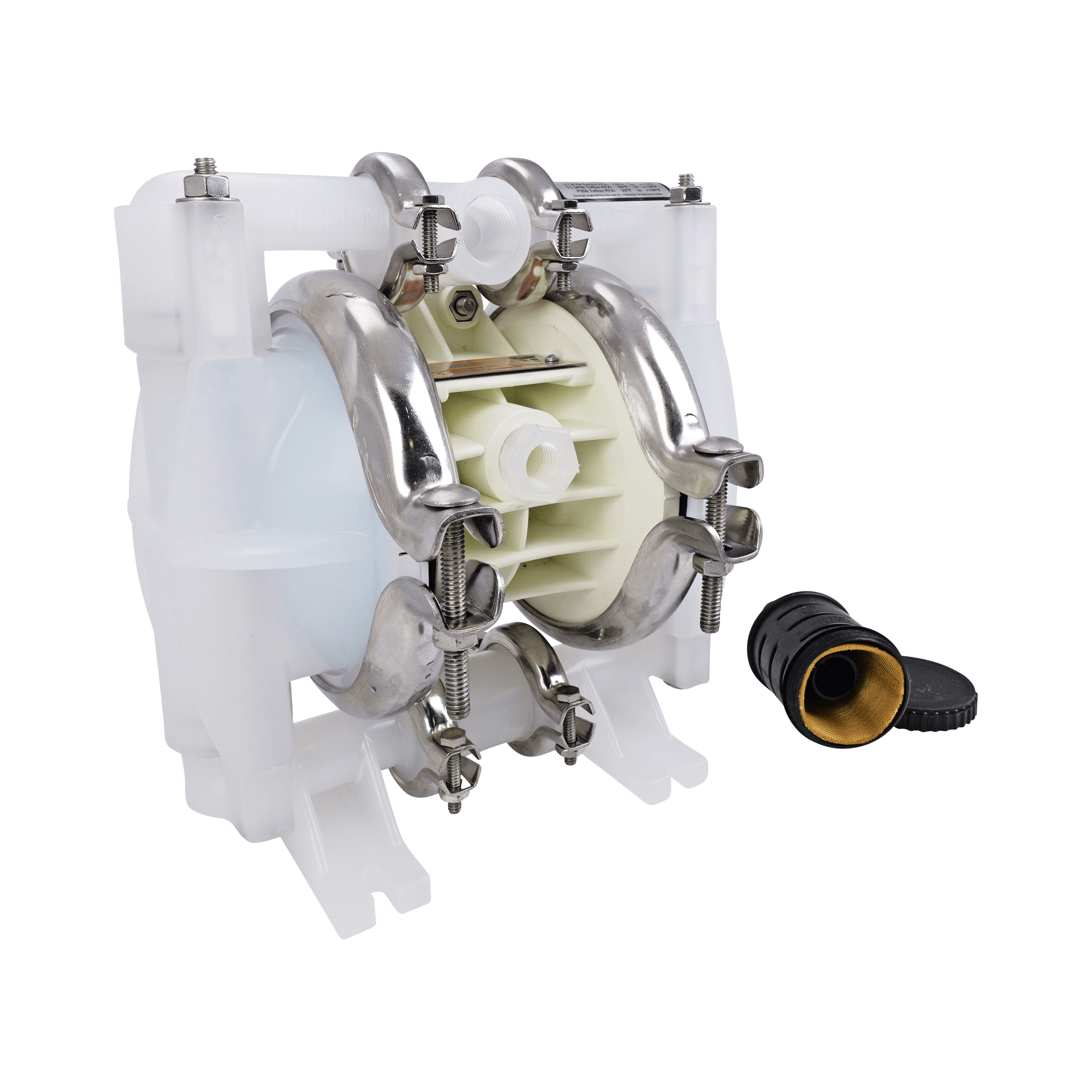P025 diaphragm pump 0.25" FPT clamped metal Pro-Flo SS wet side no piston poly center poly air PTFE with neoprene backup IPD diaphragm PTFE valve ball SS seats PTFE encapsulated viton o-rings AODD Wilden