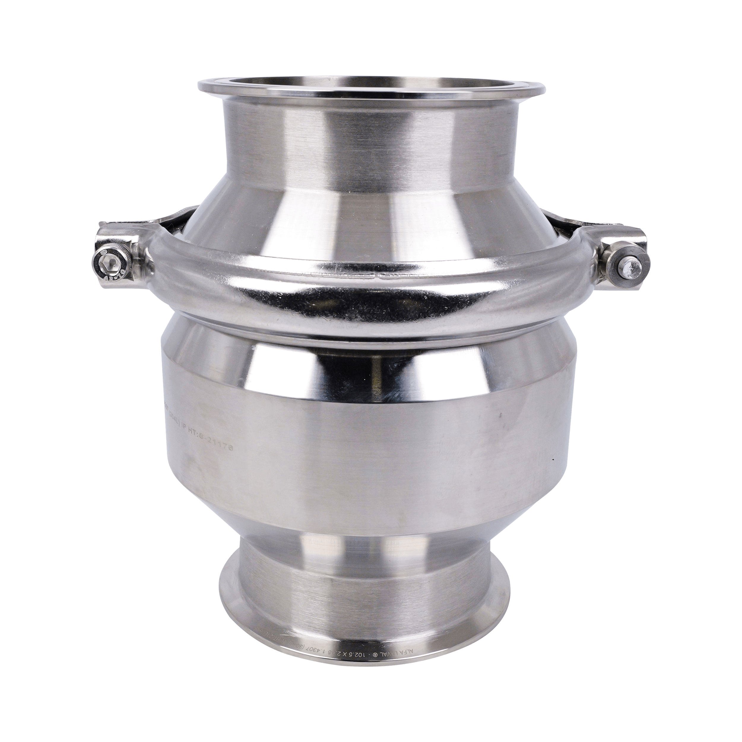 Spring check valve designed for 4-inch tri-clamp connection, constructed from 304 stainless steel with an EPDM seat.