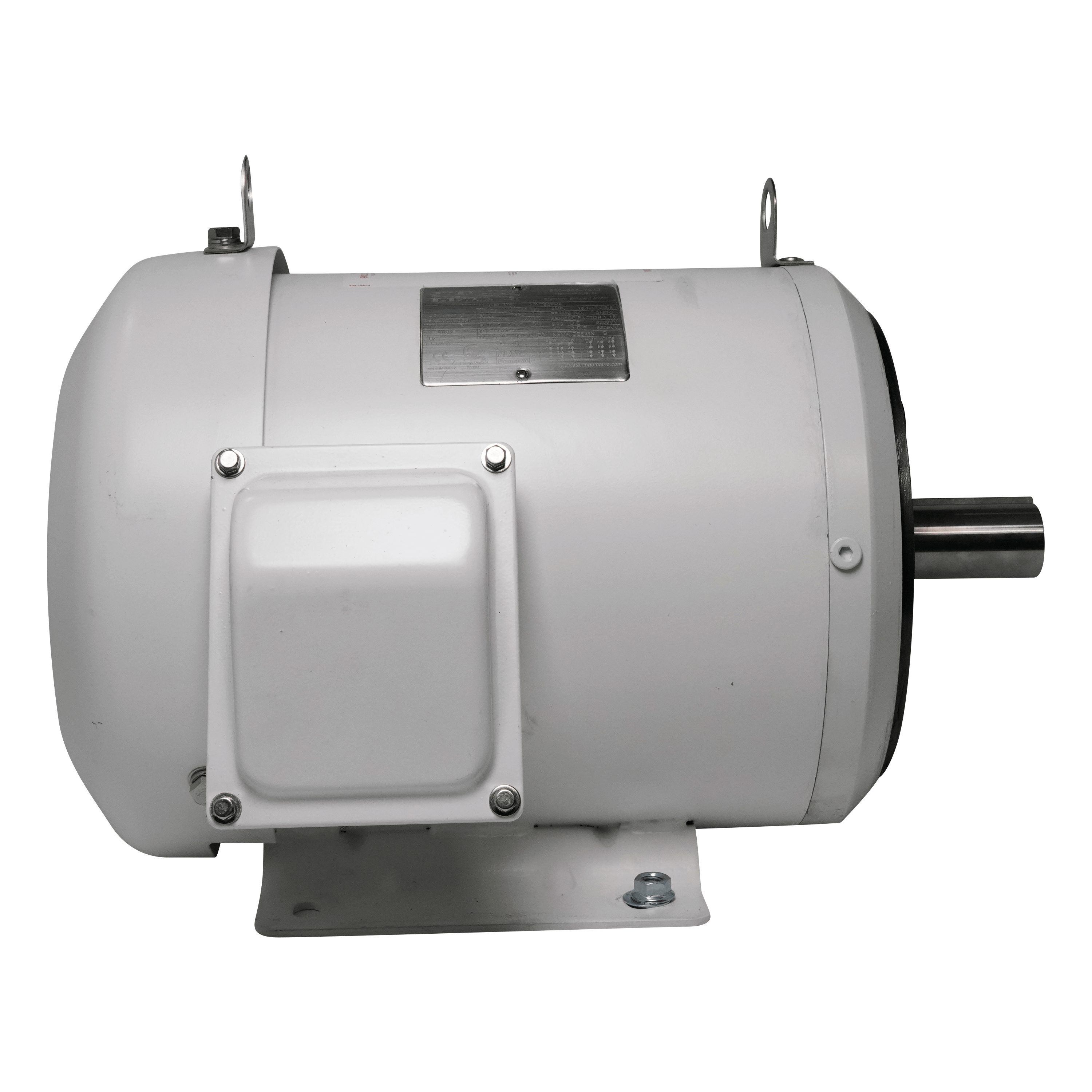 Motor with 10HP power, operating at 3600 RPM, 3-phase, 60Hz frequency, and voltage compatibility of 208V, 230V, or 460V, featuring a washdown-rated 215TC frame and IP55 protection, manufactured by Sterling.

