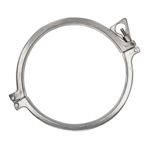 Clamp, heavy-duty, two-piece, 12-inch tri-clamp, double pin style, made of 304 stainless steel.