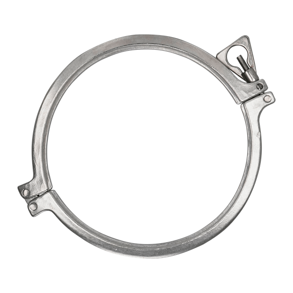 Clamp, heavy-duty, two-piece, 12-inch tri-clamp, double pin style, made of 304 stainless steel.