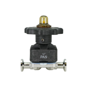 Diaphragm valve with a 0.5-inch tri-clamp connection, TME forged poly sulfone thermoplastic bonnet, autoclavable, with a 15RA EP internal finish.