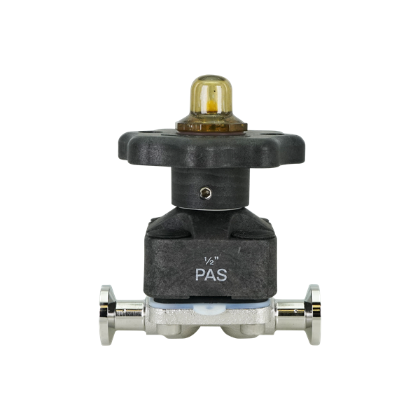 Diaphragm valve with a 0.5-inch tri-clamp connection, TME forged poly sulfone thermoplastic bonnet, autoclavable, with a 15RA EP internal finish.