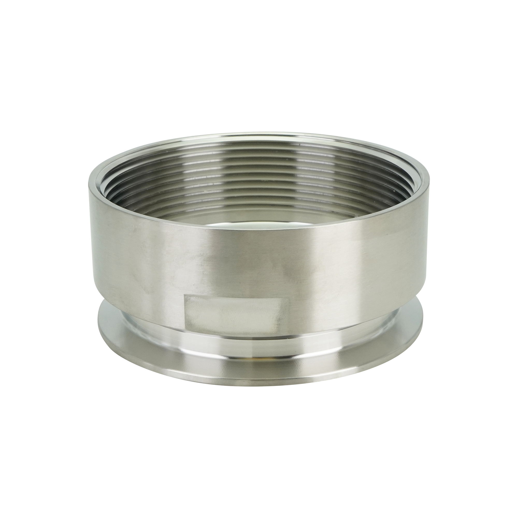 Adapter with 4-inch tri-clamp to 4-inch FPT connection, constructed from 316L stainless steel, featuring a 32RA internal and external surface finish.