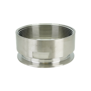 Adapter with 4-inch tri-clamp to 4-inch FPT connection, constructed from 316L stainless steel, featuring a 32RA internal and external surface finish.