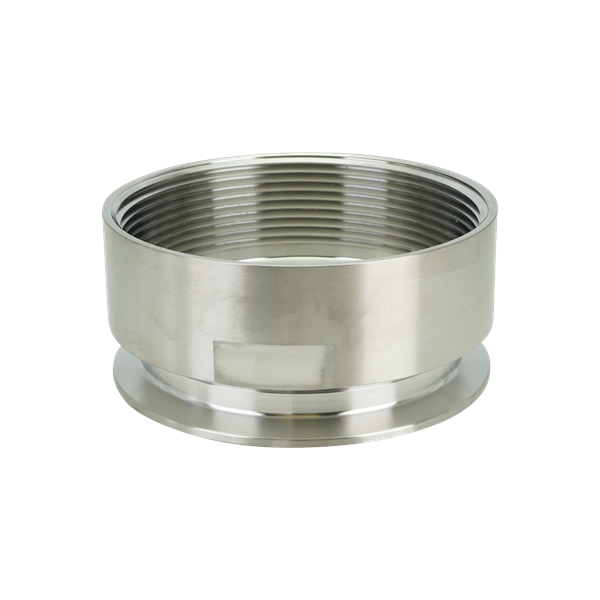 Adapter with 4-inch tri-clamp to 4-inch FPT connection, constructed from 316L stainless steel, featuring a 32RA internal and external surface finish.