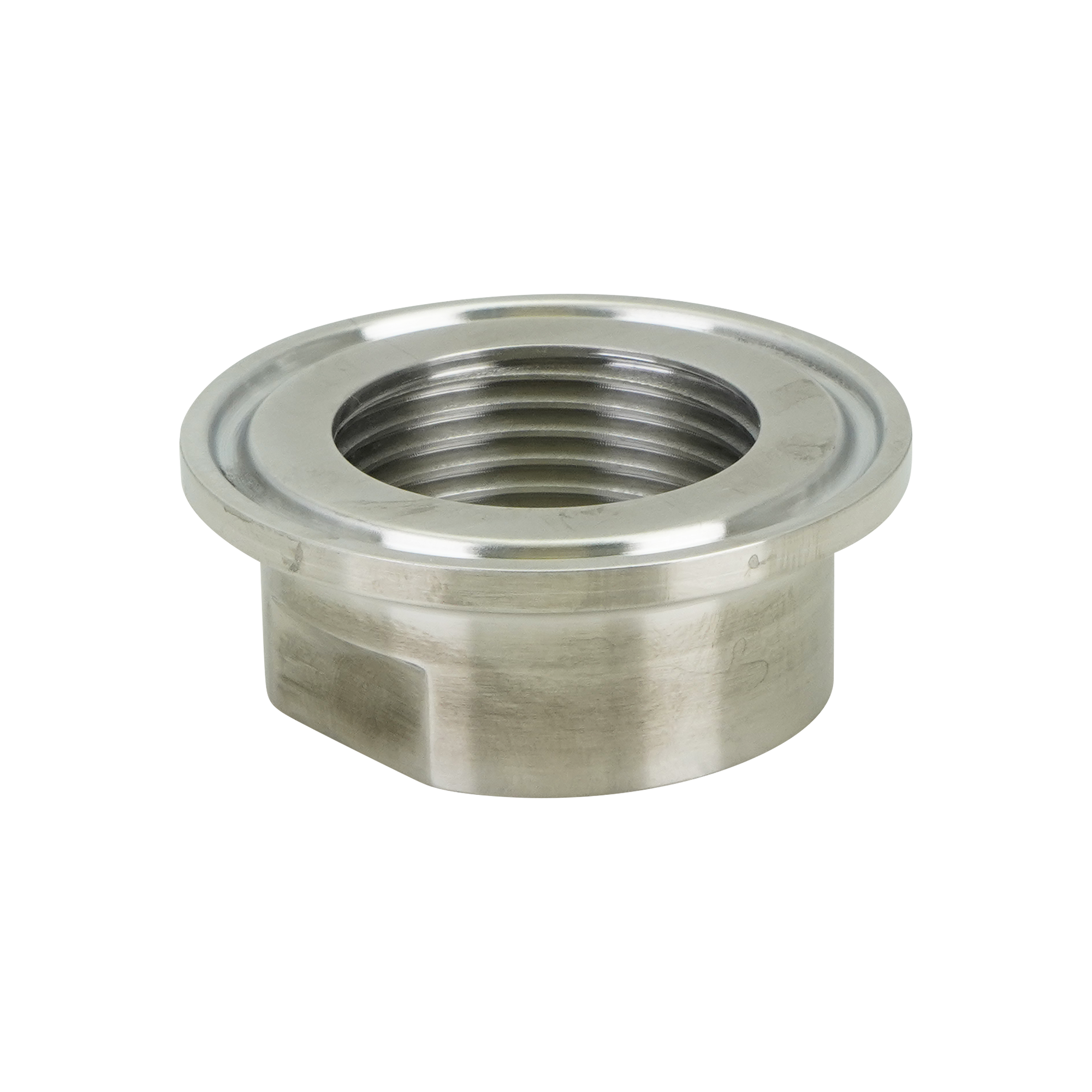 Adapter for 1-inch tri-clamp to 1-inch FPT connections, made from 316L stainless steel, featuring a 15RA EP internal finish and a 32RA external finish.