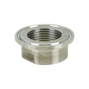 Adapter for 1-inch tri-clamp to 1-inch FPT connections, made from 316L stainless steel, featuring a 15RA EP internal finish and a 32RA external finish.