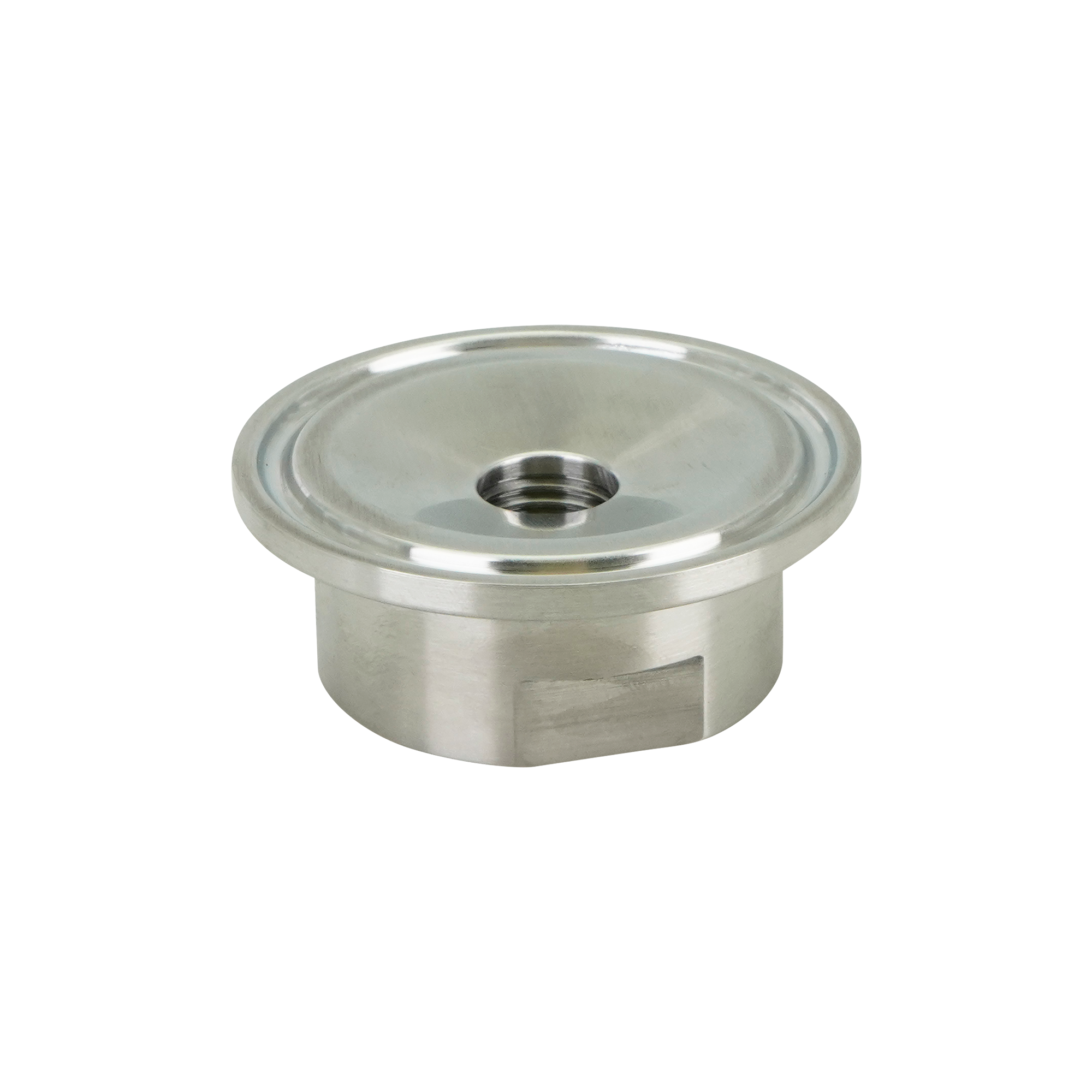Adapter with 1.5-inch tri-clamp to 0.25-inch FPT connection, made from 316L stainless steel, featuring a 32RA internal and external finish.