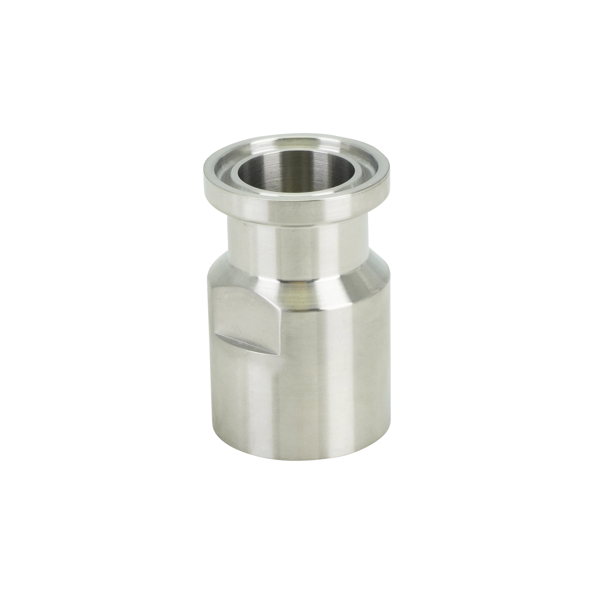 0.75-inch tri-clamp to 0.25-inch FPT adapter, constructed from 316L stainless steel, featuring 20RA internal and 32RA external finish.
