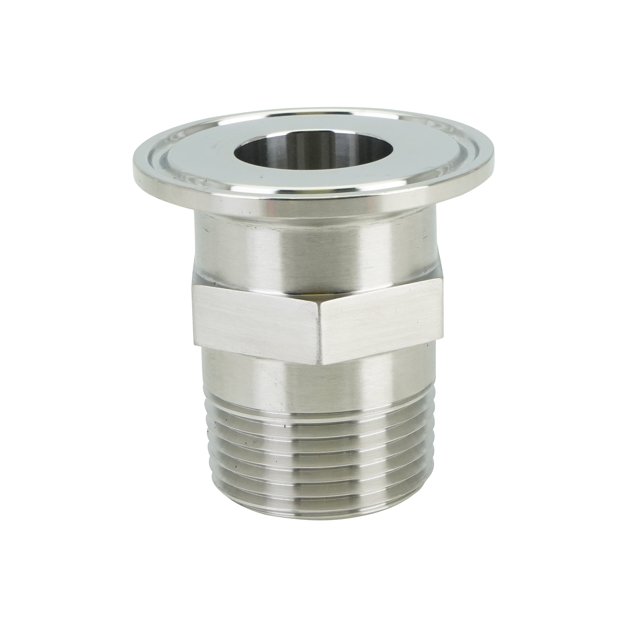 adapter, 1-inch Tri-Clamp to 1-inch male pipe thread, made from 304 stainless steel, with 32RA interior and exterior surface finish
