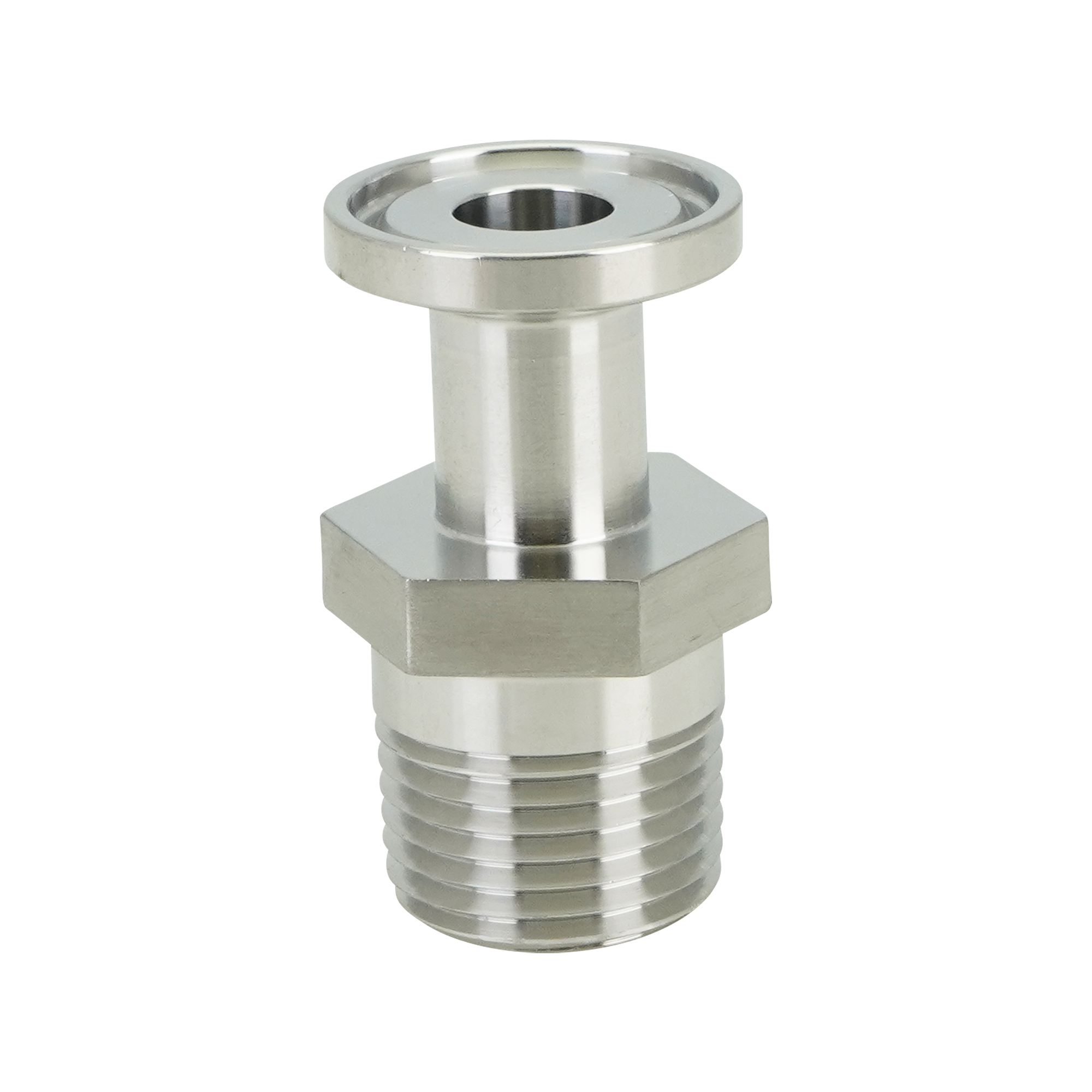 adapter, 0.5-inch Tri-Clamp to 0.5-inch male pipe thread, made from 316L stainless steel, with 20RA interior and 32RA exterior surface finish
