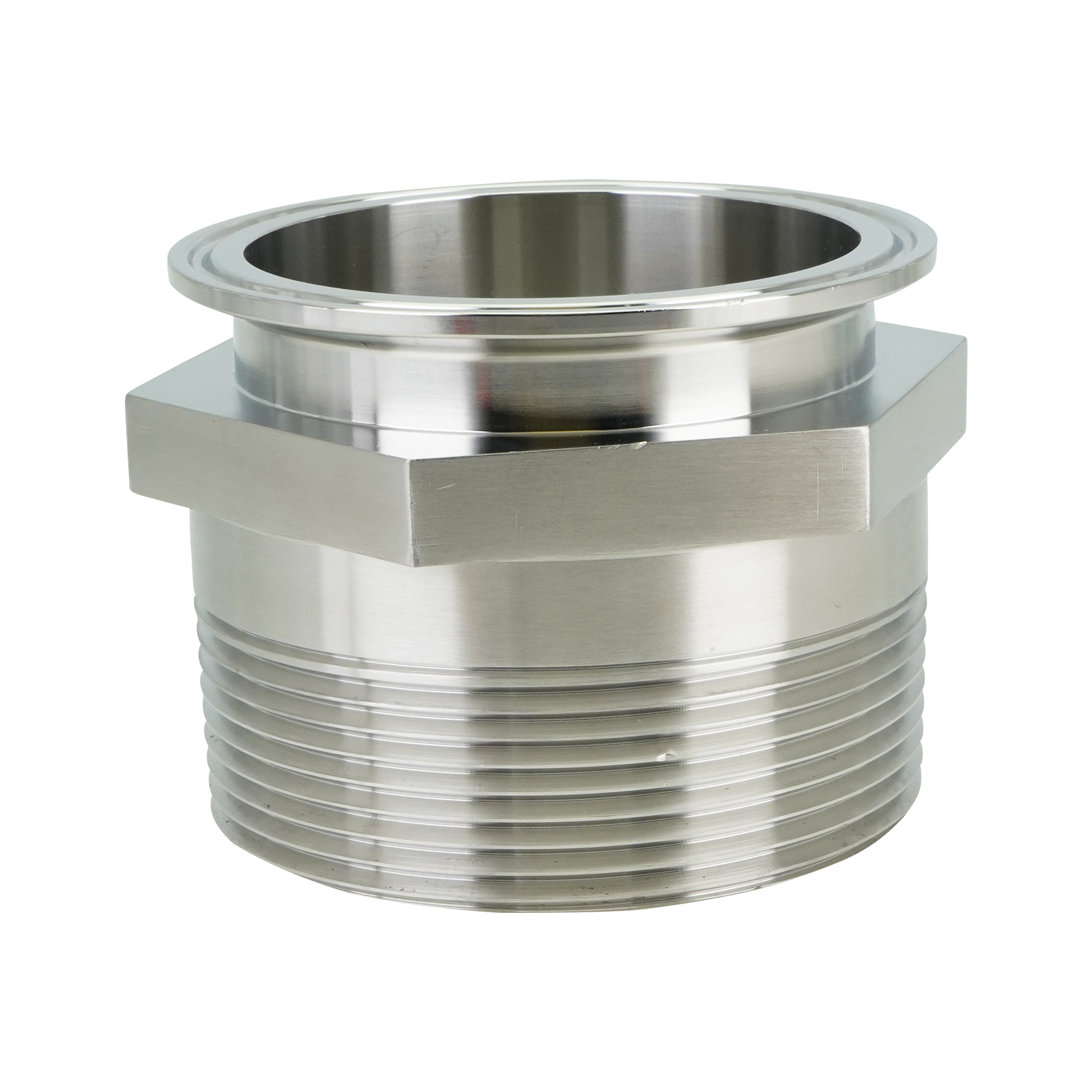 3-inch tri-clamp adapter to MPT connection, made from 304 stainless steel, featuring a 32RA internal and external finish.
