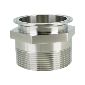 3-inch tri-clamp adapter to MPT connection, made from 304 stainless steel, featuring a 32RA internal and external finish.