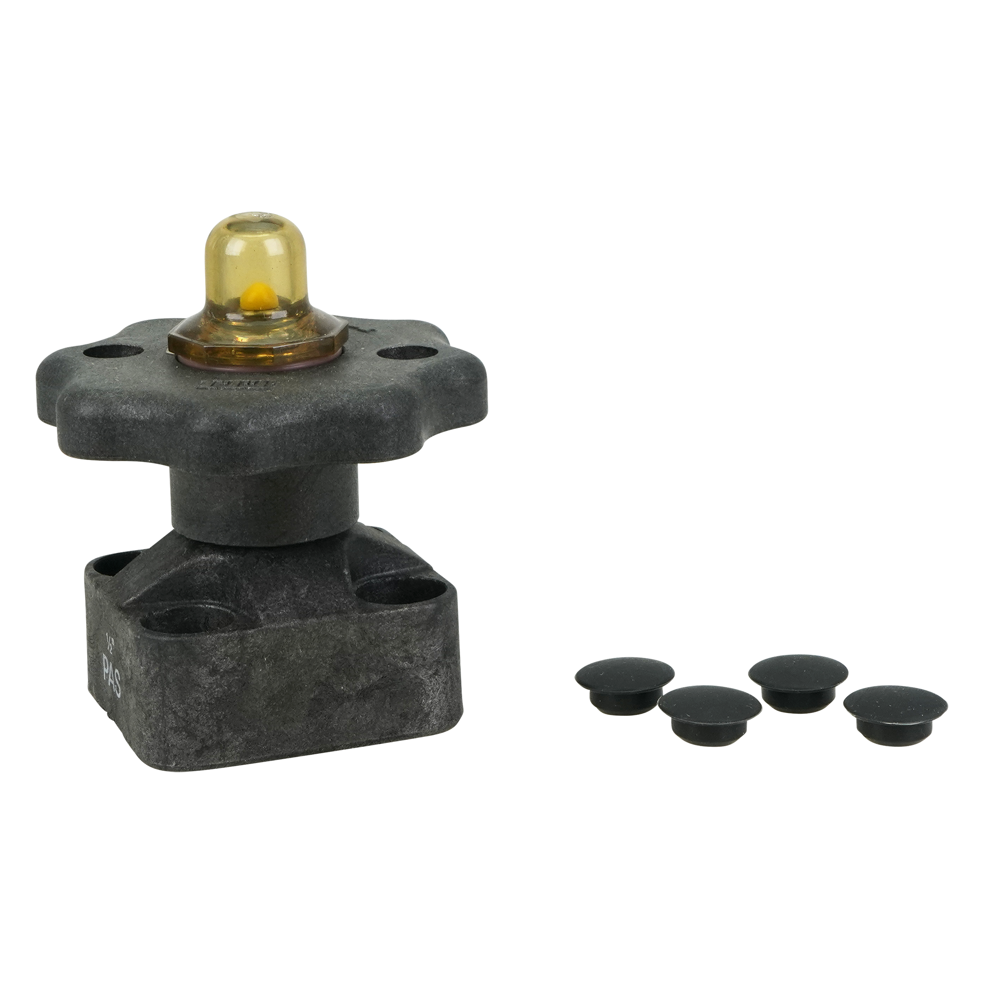 Bonnet assembly with a 0.5-inch poly sulfone thermoplastic bonnet and a plastic travel stop, by ITT.
